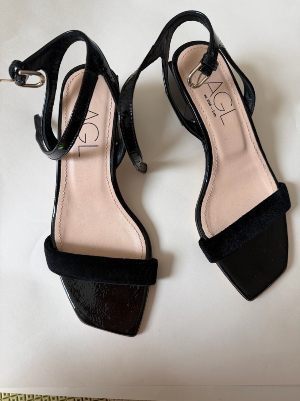AGL Black Patent & Suede Ankle-Strap Sandals